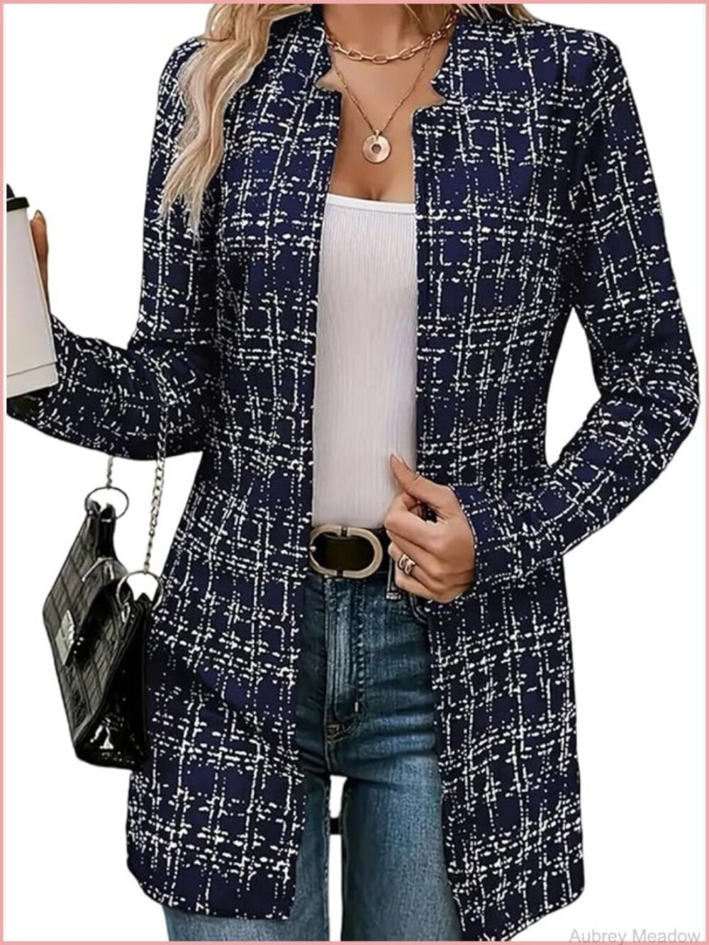 Women's Elegant Plaid Open Front Blazer Slim Long Sleeve Tweed Cardigan Jacket